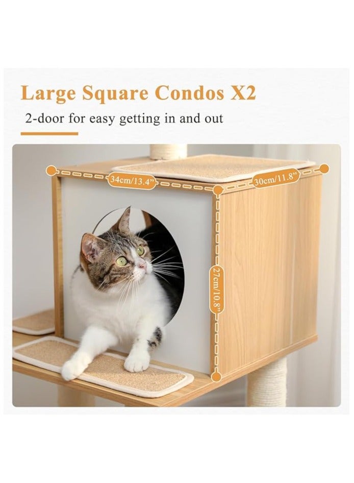 Large Cat Tree, 130 cm Wooden Cat Tower with Double Condos, Large Perch,Soft Hammock and Totally Wrapped Sisal Posts for Large Indoor Cats (Beige)