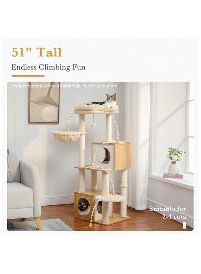 Large Cat Tree, 130 cm Wooden Cat Tower with Double Condos, Large Perch,Soft Hammock and Totally Wrapped Sisal Posts for Large Indoor Cats (Beige)