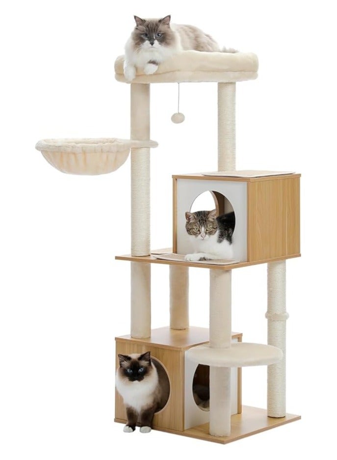 Large Cat Tree, 130 cm Wooden Cat Tower with Double Condos, Large Perch,Soft Hammock and Totally Wrapped Sisal Posts for Large Indoor Cats (Beige)