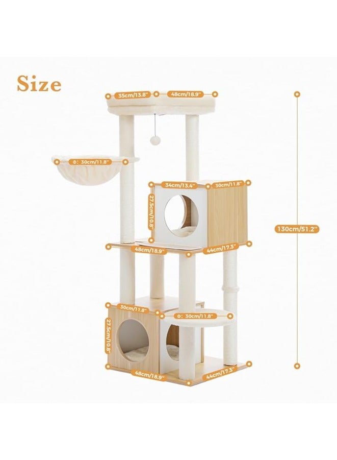 Large Cat Tree, 130 cm Wooden Cat Tower with Double Condos, Large Perch,Soft Hammock and Totally Wrapped Sisal Posts for Large Indoor Cats (Beige)