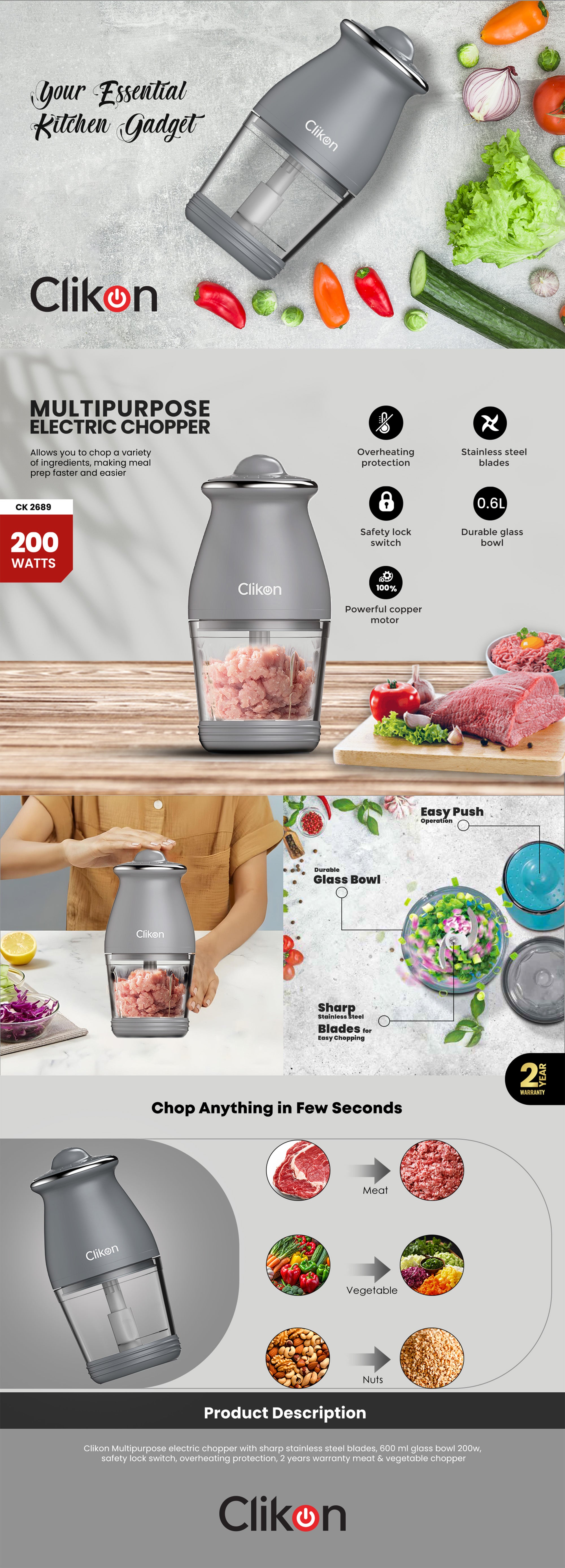 Electric Glass Chopper 200 W CK2689 Grey