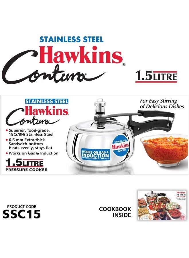 1.5Liters Stainless Steel Contura Induction Compatible Inner Lid Pressure Cooker 1.5 Litre Silver SSC15 Silver