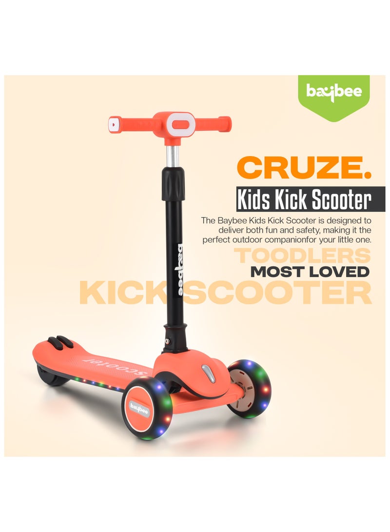 Baybee Cruze Skate Scooter for Kids 3 Wheel Kids Scooter with 3 Height Adjustable Baby Scooter with LED PU Wheels, Light & Music Kick Scooter for Baby Scooter for Kids 3 to 8 Years Boy Girl Orange