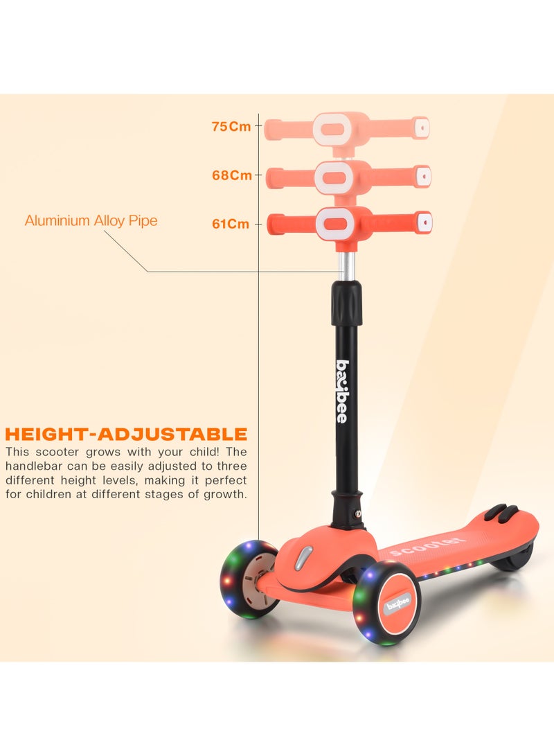 Baybee Cruze Skate Scooter for Kids 3 Wheel Kids Scooter with 3 Height Adjustable Baby Scooter with LED PU Wheels, Light & Music Kick Scooter for Baby Scooter for Kids 3 to 8 Years Boy Girl Orange