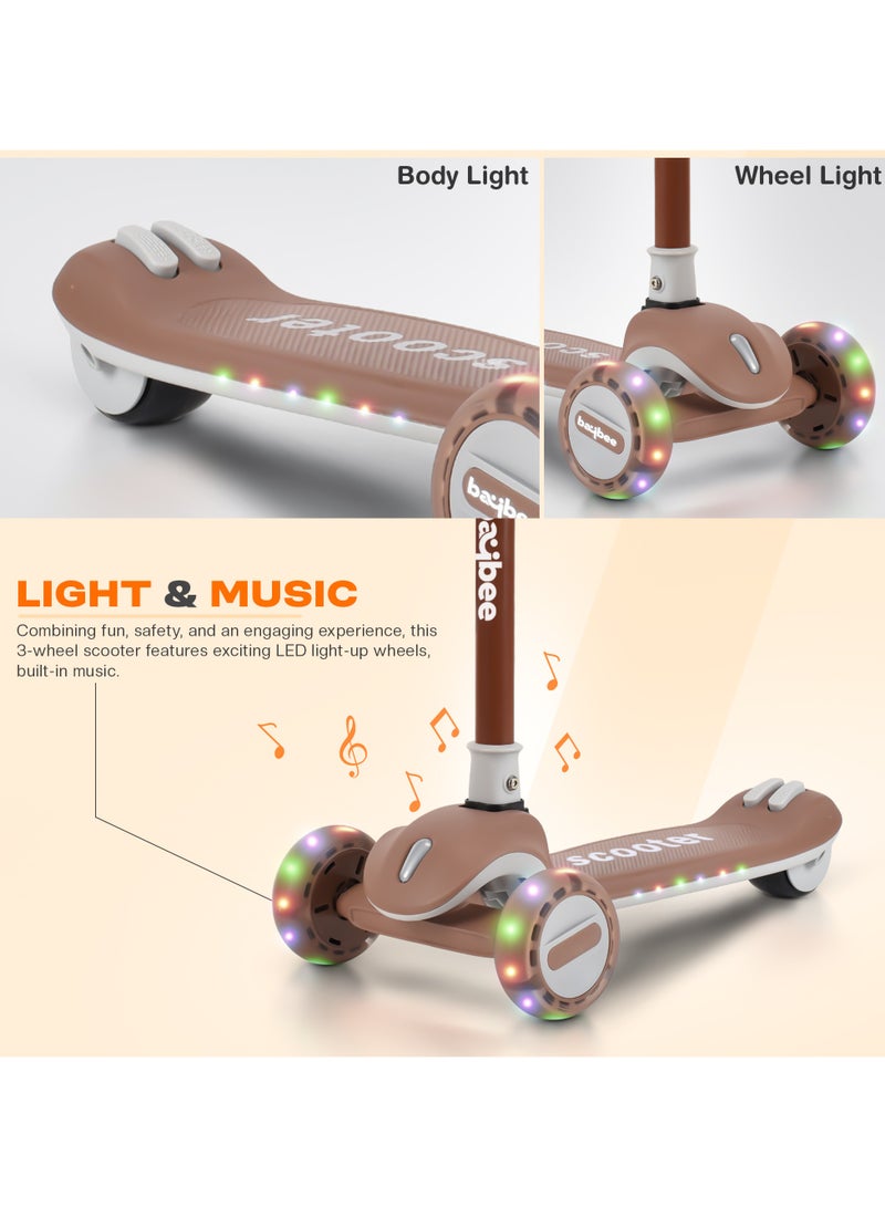 Baybee Cruze Skate Scooter for Kids 3 Wheel Kids Scooter with 3 Height Adjustable Baby Scooter with LED PU Wheels, Light & Music Kick Scooter for Baby Scooter for Kids 3 to 8 Years Boy Girl Brown