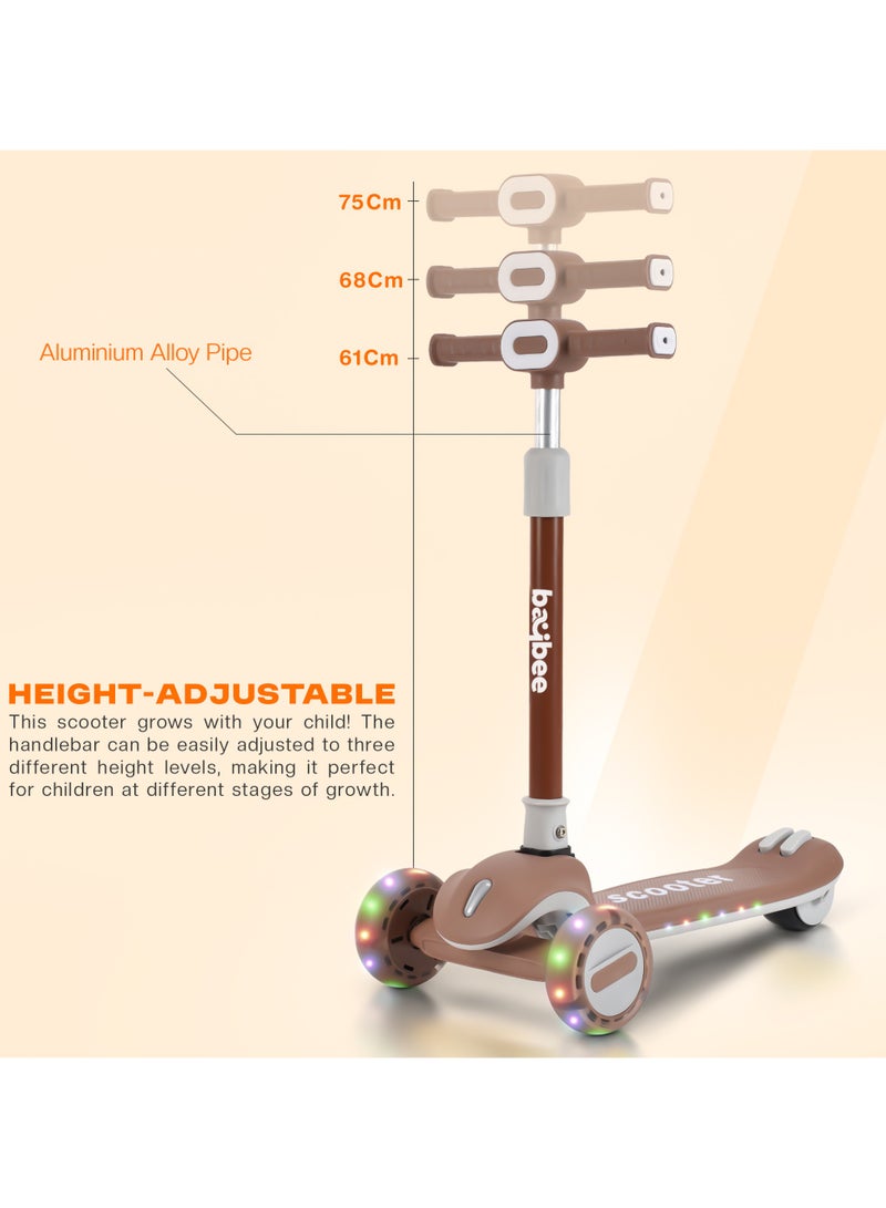 Baybee Cruze Skate Scooter for Kids 3 Wheel Kids Scooter with 3 Height Adjustable Baby Scooter with LED PU Wheels, Light & Music Kick Scooter for Baby Scooter for Kids 3 to 8 Years Boy Girl Brown