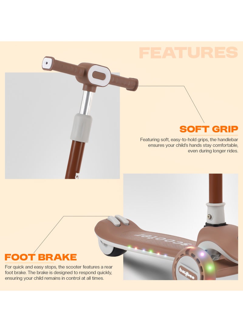 Baybee Cruze Skate Scooter for Kids 3 Wheel Kids Scooter with 3 Height Adjustable Baby Scooter with LED PU Wheels, Light & Music Kick Scooter for Baby Scooter for Kids 3 to 8 Years Boy Girl Brown