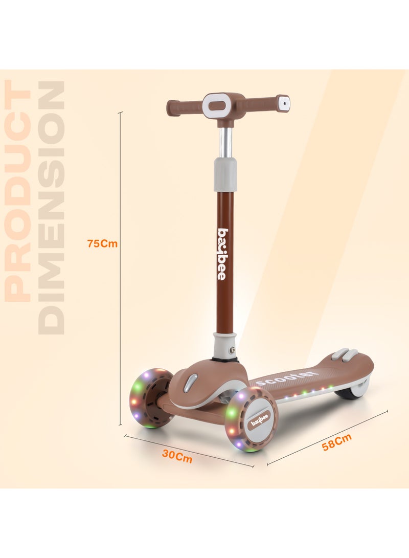 Baybee Cruze Skate Scooter for Kids 3 Wheel Kids Scooter with 3 Height Adjustable Baby Scooter with LED PU Wheels, Light & Music Kick Scooter for Baby Scooter for Kids 3 to 8 Years Boy Girl Brown