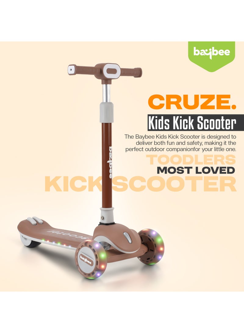 Baybee Cruze Skate Scooter for Kids 3 Wheel Kids Scooter with 3 Height Adjustable Baby Scooter with LED PU Wheels, Light & Music Kick Scooter for Baby Scooter for Kids 3 to 8 Years Boy Girl Brown