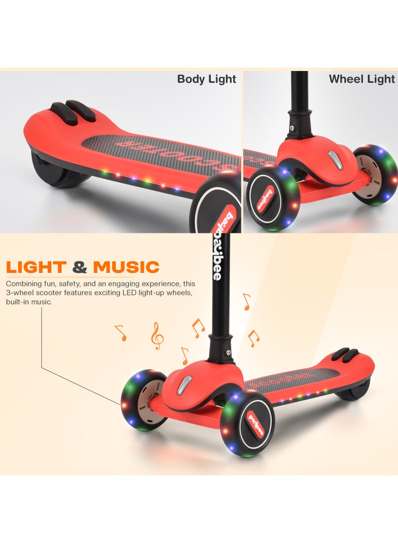 Baybee Cruze Skate Scooter for Kids 3 Wheel Kids Scooter with 3 Height Adjustable Baby Scooter with LED PU Wheels, Light & Music Kick Scooter for Baby Scooter for Kids 3 to 8 Years Boy Girl Red