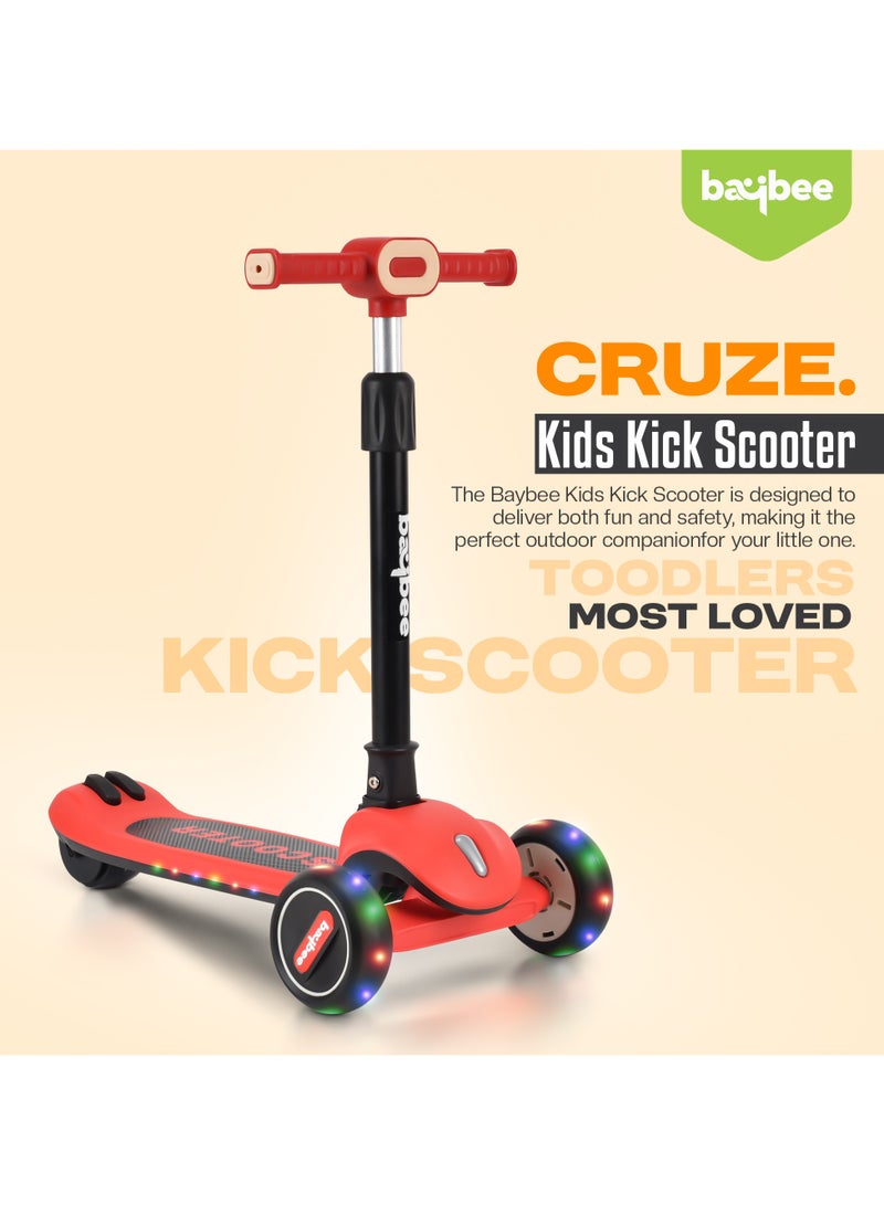 Baybee Cruze Skate Scooter for Kids 3 Wheel Kids Scooter with 3 Height Adjustable Baby Scooter with LED PU Wheels, Light & Music Kick Scooter for Baby Scooter for Kids 3 to 8 Years Boy Girl Red