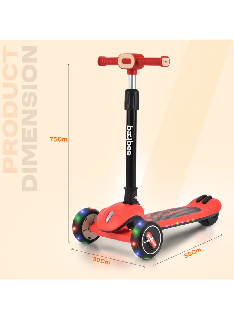 Baybee Cruze Skate Scooter for Kids 3 Wheel Kids Scooter with 3 Height Adjustable Baby Scooter with LED PU Wheels, Light & Music Kick Scooter for Baby Scooter for Kids 3 to 8 Years Boy Girl Red