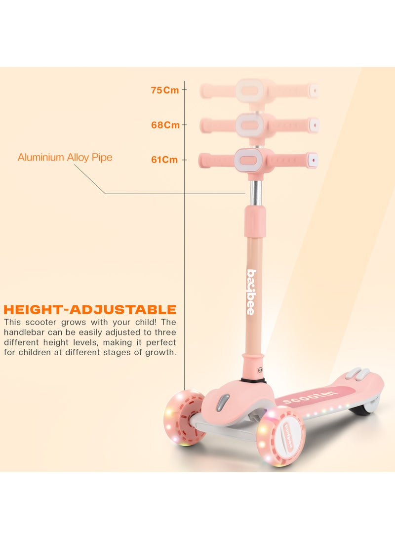 Baybee Cruze Skate Scooter for Kids 3 Wheel Kids Scooter with 3 Height Adjustable Baby Scooter with LED PU Wheels, Light & Music Kick Scooter for Baby Scooter for Kids 3 to 8 Years Boy Girl Pink