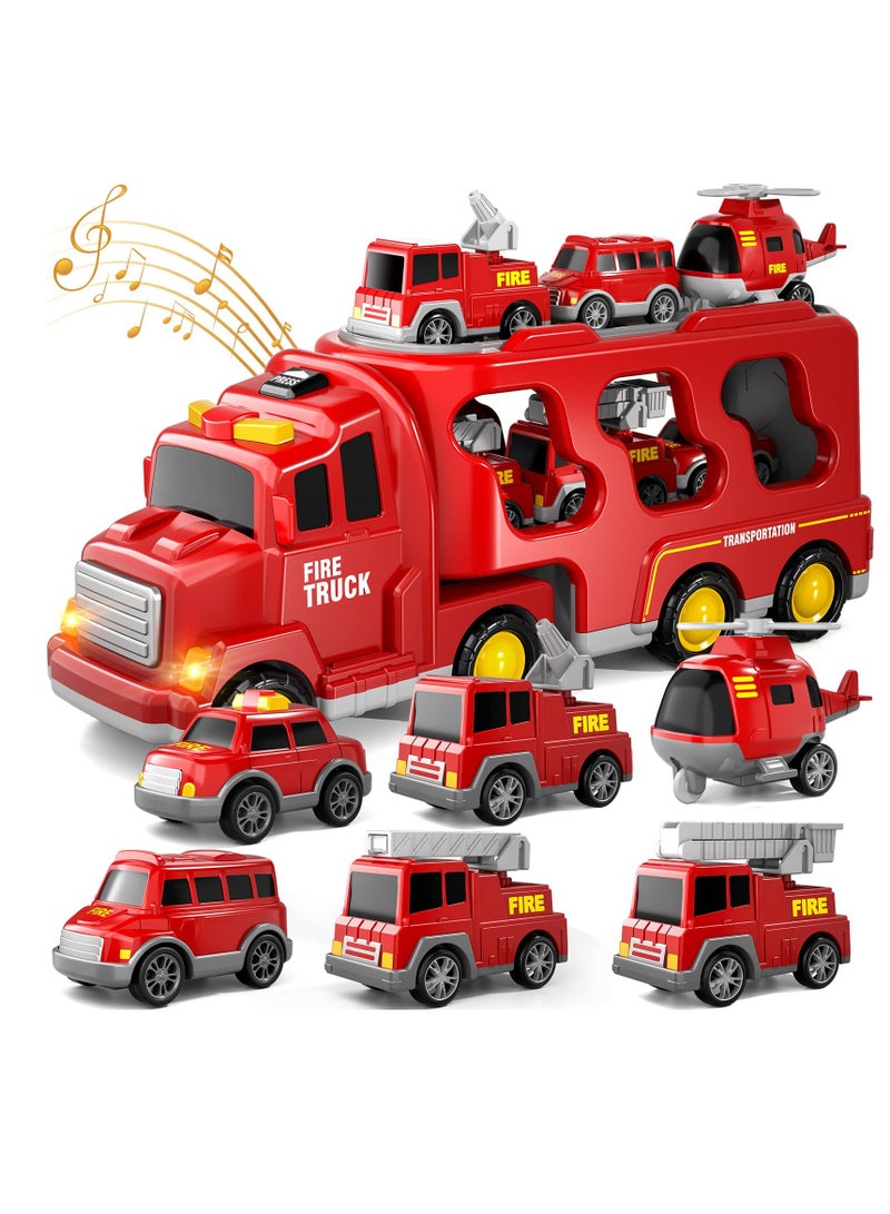 Fire Toys for 3 4 5 6 Years Old Boys Girls - 7 in 1 Carrier Truck Transport for Toddlers 1-3, Friction Power Vehicles for Kids 3-5, Birthday Gifts for Boys & Girls 3-5 Years Old