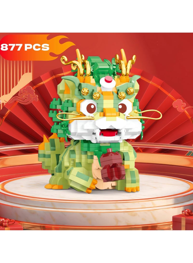 Auspicious Dragon 2024 Building Set for Adults，Small Cute Animals Lion Dance Auspicious Lunar New Year Home Decor,STEM Educational Toys Theme for Kid Boy Girl Adult 877 Pcs