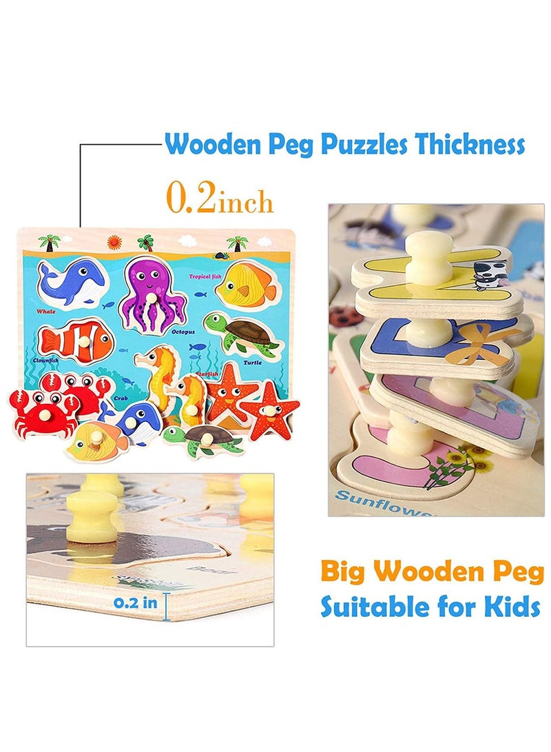 Wooden Peg Puzzles for Toddlers Kids Educational Learning Toys Preeschool Peg Puzzles Toy 3 Pcs Toddler Puzzles Set Traffic Animals and Ocean Great Gift for Girls and Boys