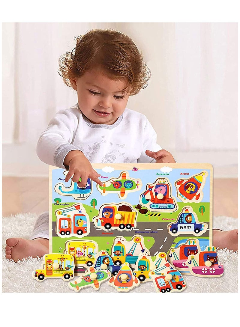 Wooden Peg Puzzles for Toddlers Kids Educational Learning Toys Preeschool Peg Puzzles Toy 3 Pcs Toddler Puzzles Set Traffic Animals and Ocean Great Gift for Girls and Boys