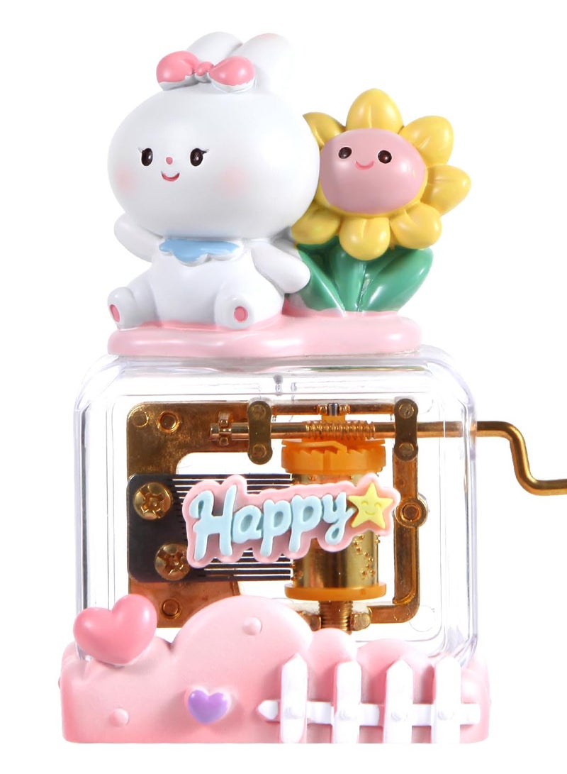 Happy Rabbit Music Box, Cute Pet Resin Hand Crank Music Box, for Mom Dad Daughter Son Unique Best Gifts for Birthday Christmas Wedding Valentine's Day