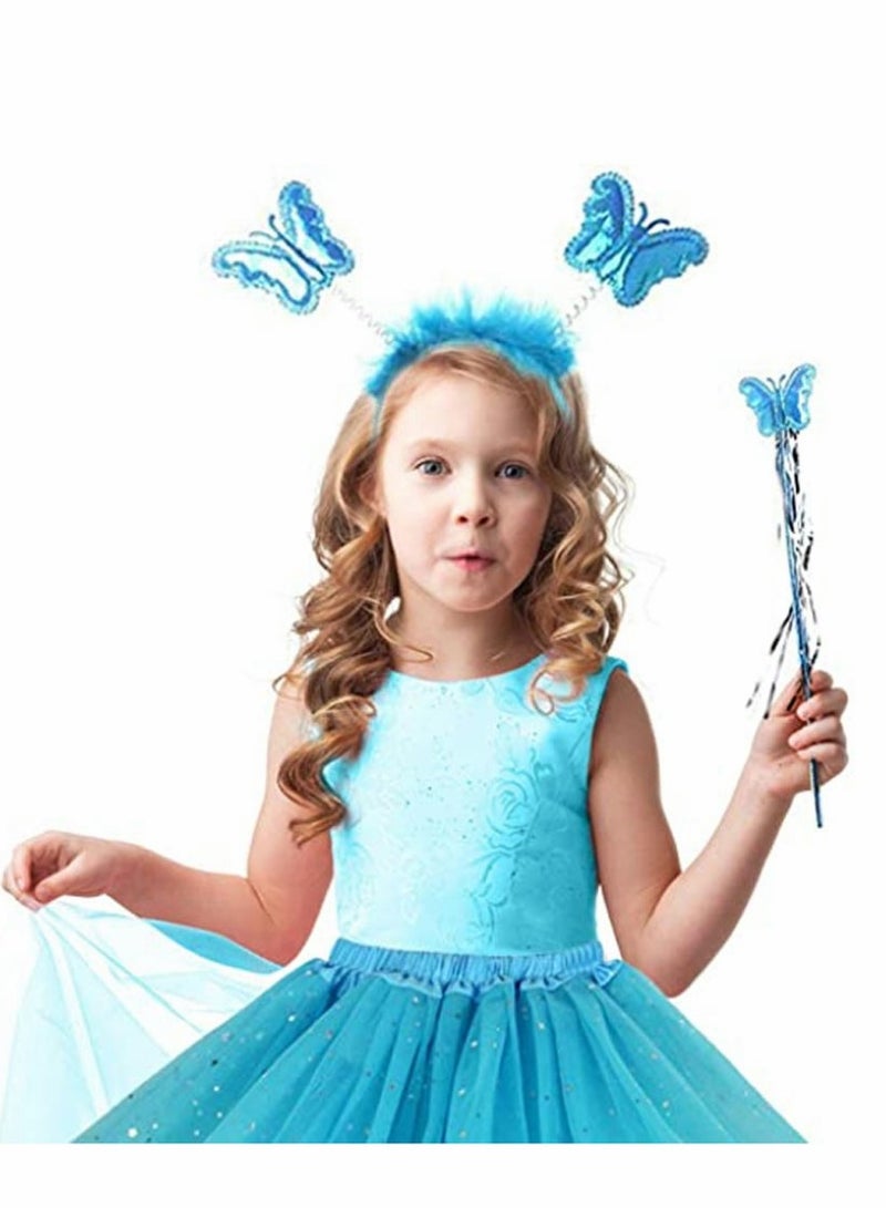 Fairy Princess Costume Set Tutu Skirt Butterfly Wings with Blue Headband Wand for Girls Party Bridesmaid Pageant Cosplay Ages 2-6