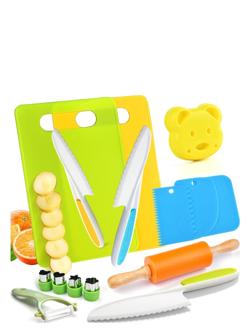 Montessori Kitchen Tool, 15Pcs Kids Cooking Set, Real Children Safe Kitchen Set, Include Toddler Knives Cutting Boards Peeler Rolling Pin for Toddler Birthday Gift Christmas, Cooking Fun for Toddlers