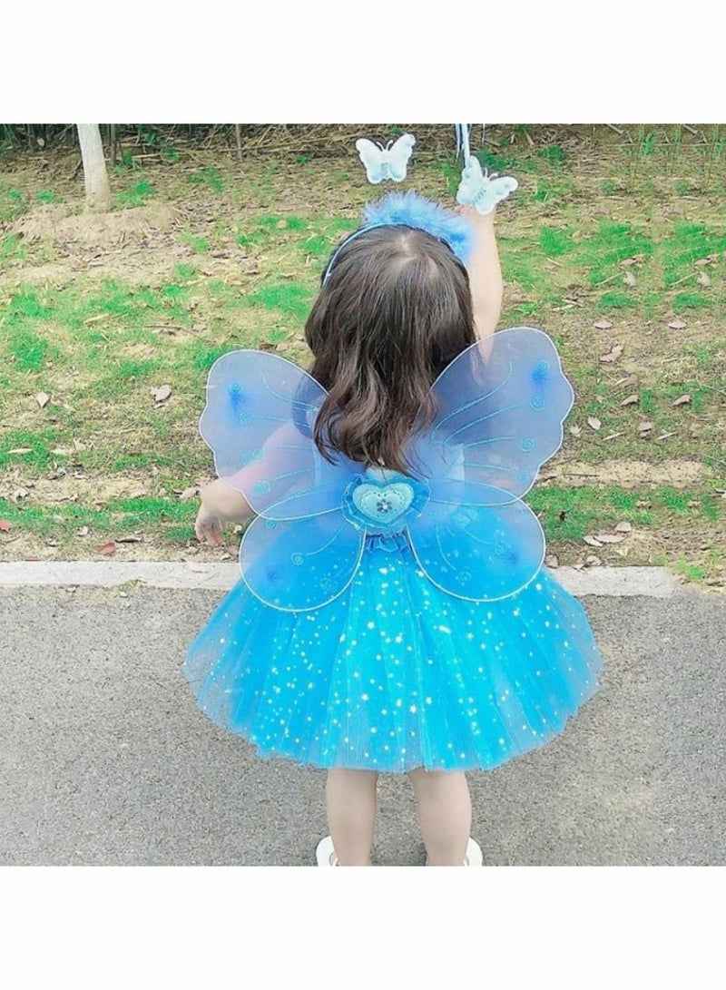 Fairy Princess Costume Set Tutu Skirt Butterfly Wings with Blue Headband Wand for Girls Party Bridesmaid Pageant Cosplay Ages 2-6