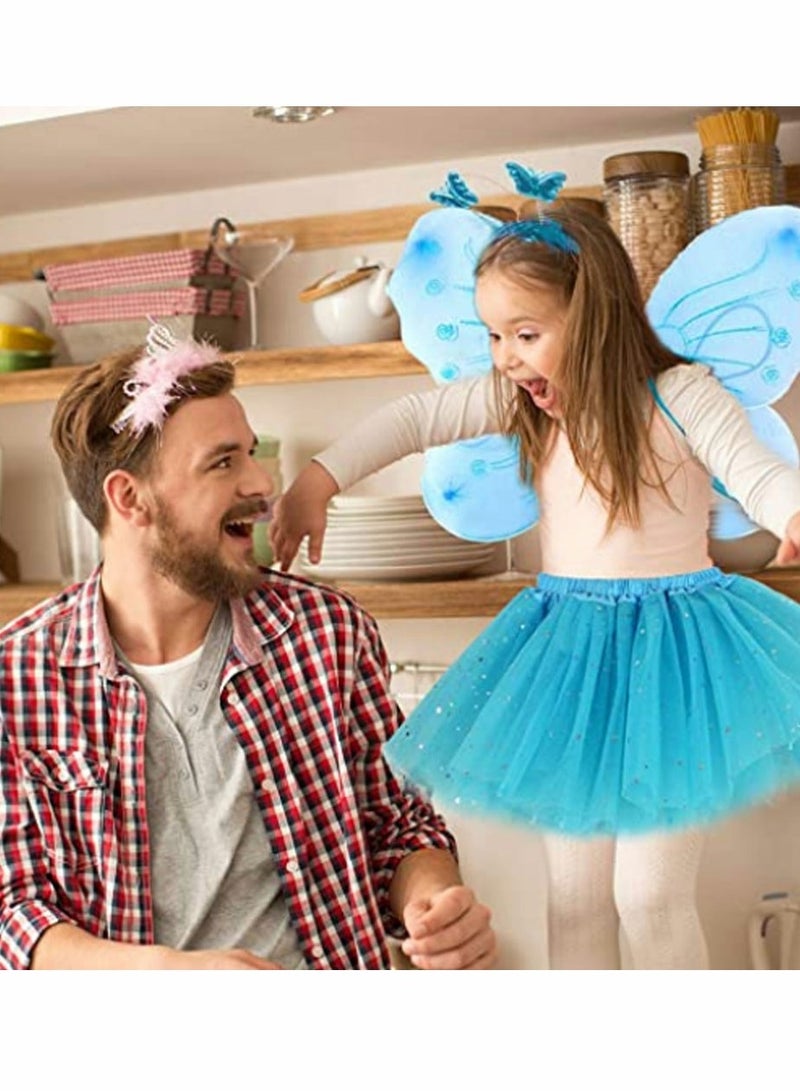 Fairy Princess Costume Set Tutu Skirt Butterfly Wings with Blue Headband Wand for Girls Party Bridesmaid Pageant Cosplay Ages 2-6