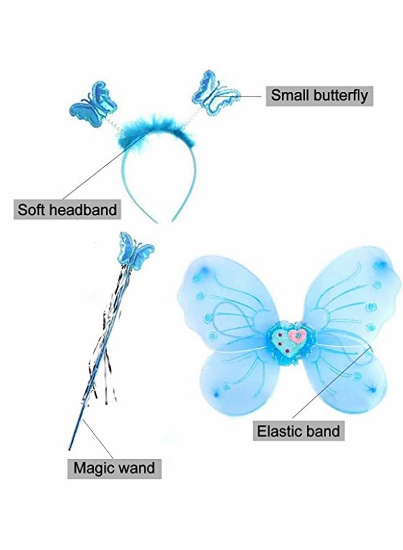 Fairy Princess Costume Set Tutu Skirt Butterfly Wings with Blue Headband Wand for Girls Party Bridesmaid Pageant Cosplay Ages 2-6