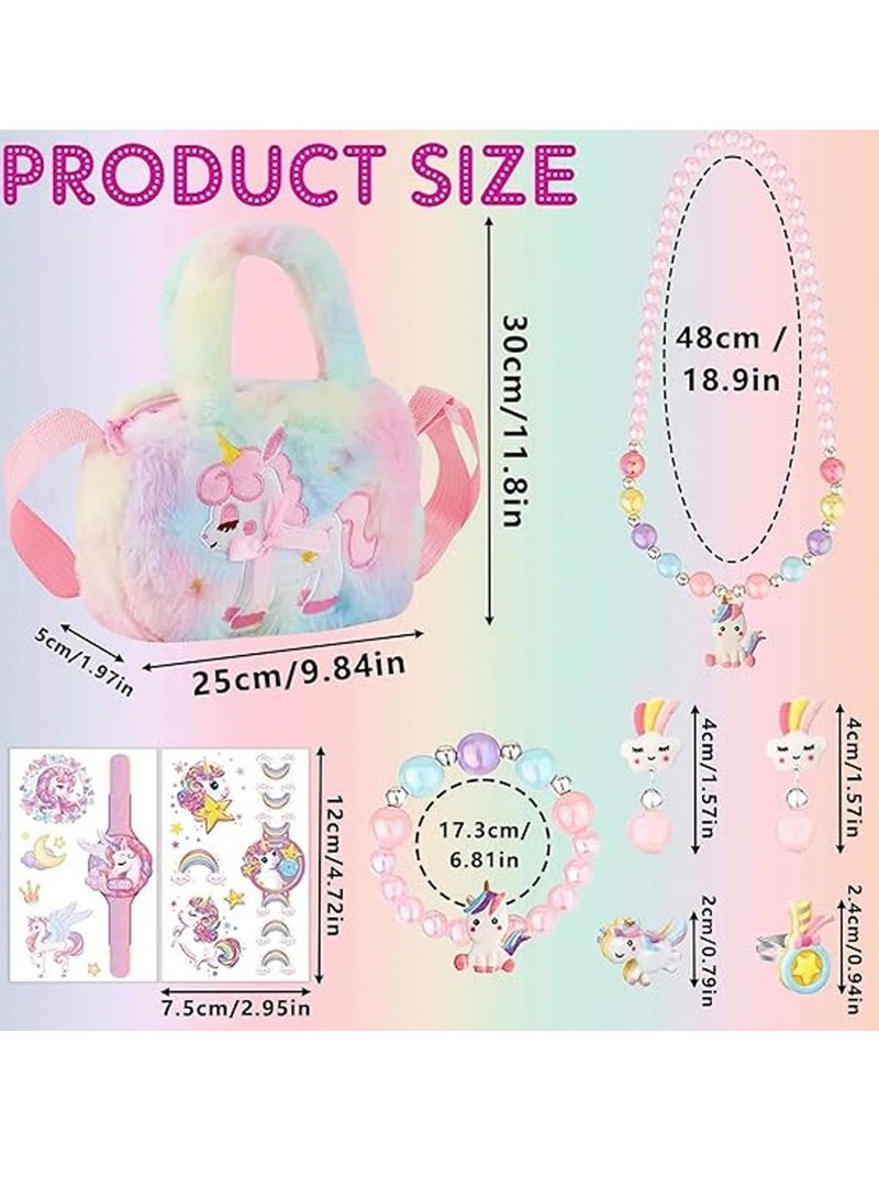 Unicorn Gifts for Girls, 8 PCS Unicorn Crossbody Bag Purse with Jewelry Set, Rainbow Plush Unicorn Princess Necklace Bracelet Rings Earrings Stickers Handbag Gifts Accessories Jewelry Party Favors