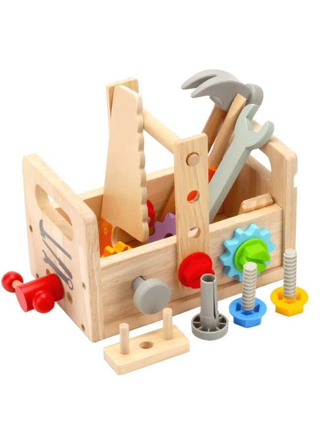 Wooden Play Tools Set Kit For Kids Portable Pretend Play Tools Set With Screwdriver Hammer Saw Wrench Toys Carpenter Role Play Toys Construction Mechanic Play Tool Set For Kids 2+Years Boy Girl