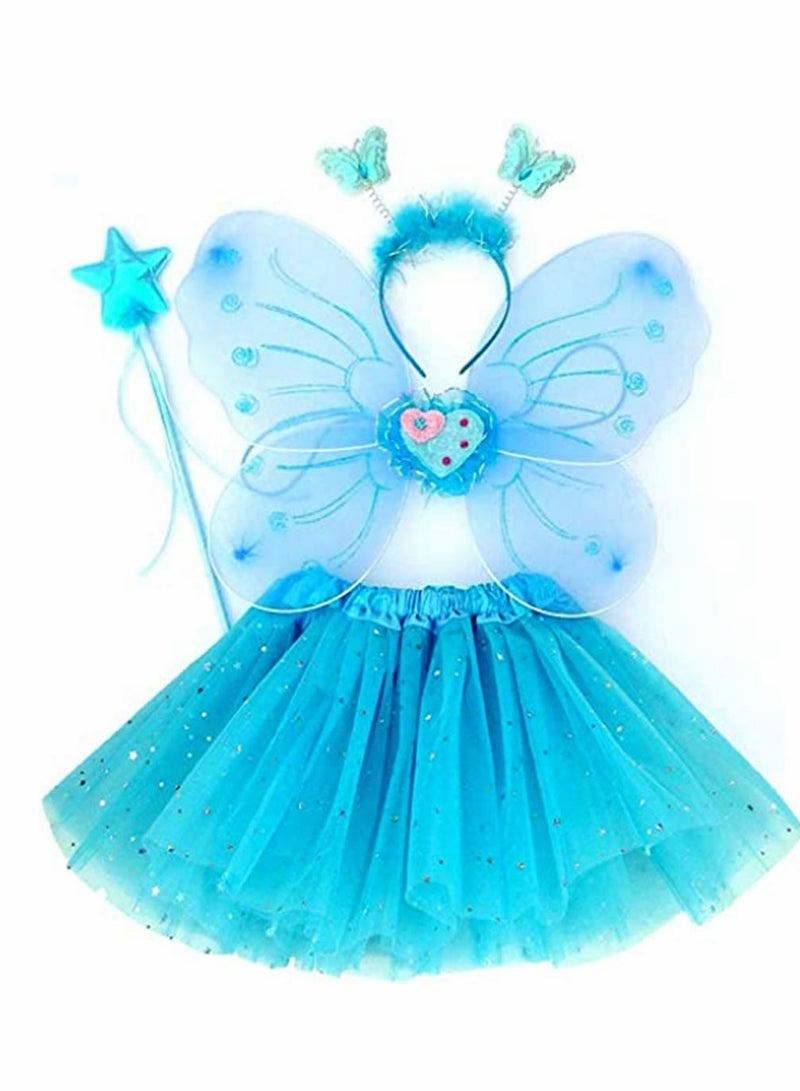 Fairy Princess Costume Set Tutu Skirt Butterfly Wings with Blue Headband Wand for Girls Party Bridesmaid Pageant Cosplay Ages 2-6