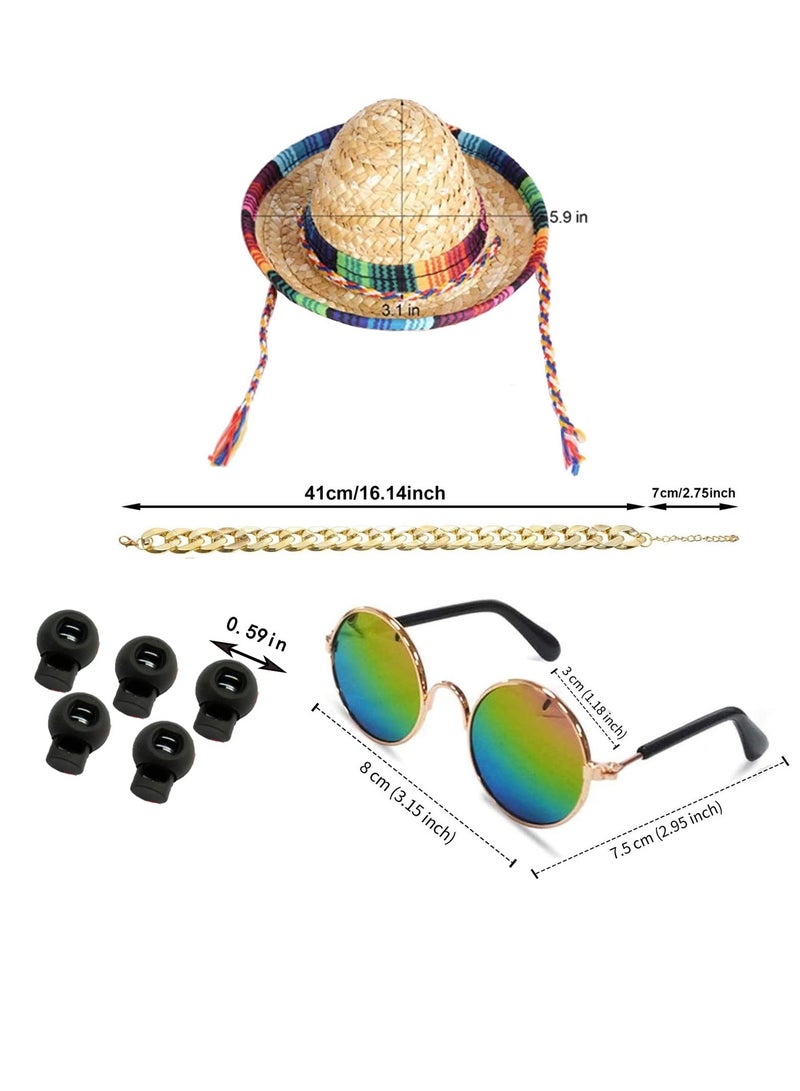 Dog Hat 3Pcs Mini Sombrero Mexican Hats for Dog Classic Retro Pet Sunglasses and Adjustable Pet Chain Breathable Outdoor Pet Visor Sun Bonnet Outfit Pet Supplies for Small Dog and Cat Straw Hat
