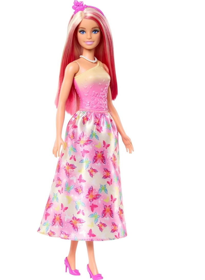 Barbie Royal Doll with Pink and Blonde Hair, Butterfly-Print Skirt and Accessories