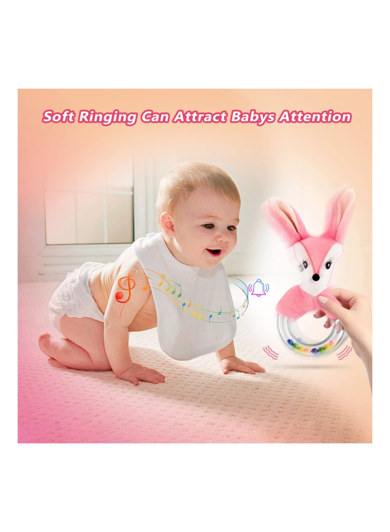 2PCS Baby Rattle Toys for 0-12 Months, Newborn Baby Rattles Teething Ring Sensory Plush Toy Ring Rattle Toy Shower Gift Sensory Plush Toy Set for 0 3 6 9 12 Month Infant Boys Girls (Fox/Rabbit)