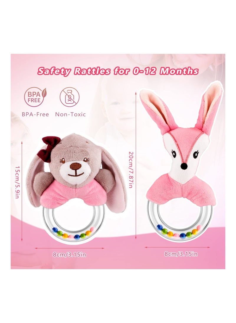 2PCS Baby Rattle Toys for 0-12 Months, Newborn Baby Rattles Teething Ring Sensory Plush Toy Ring Rattle Toy Shower Gift Sensory Plush Toy Set for 0 3 6 9 12 Month Infant Boys Girls (Fox/Rabbit)