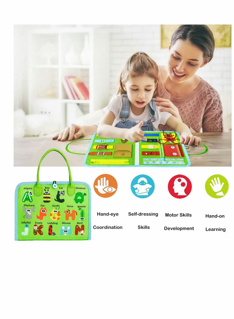 Busy Board for Toddlers, Toys for 1 2 3 4 Year Old Kids Sensory Toys for Autism with Alphabet Animals Preschool Basic Dress Skills Baby Busy Book Car Airplane Activities for Travel