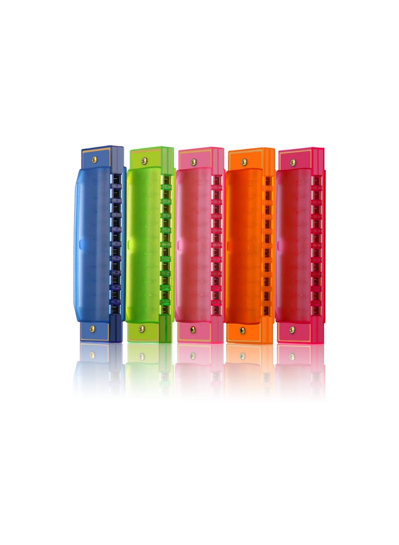 Harmonica for Kids, 10 Hole Translucent Kids Harmonica, Educational Toys Beginners Toy Musical Instruments for Kids Children Party Holidays for Beginner(Blue, Red, Green, Orange, Pink)(5 Pack )