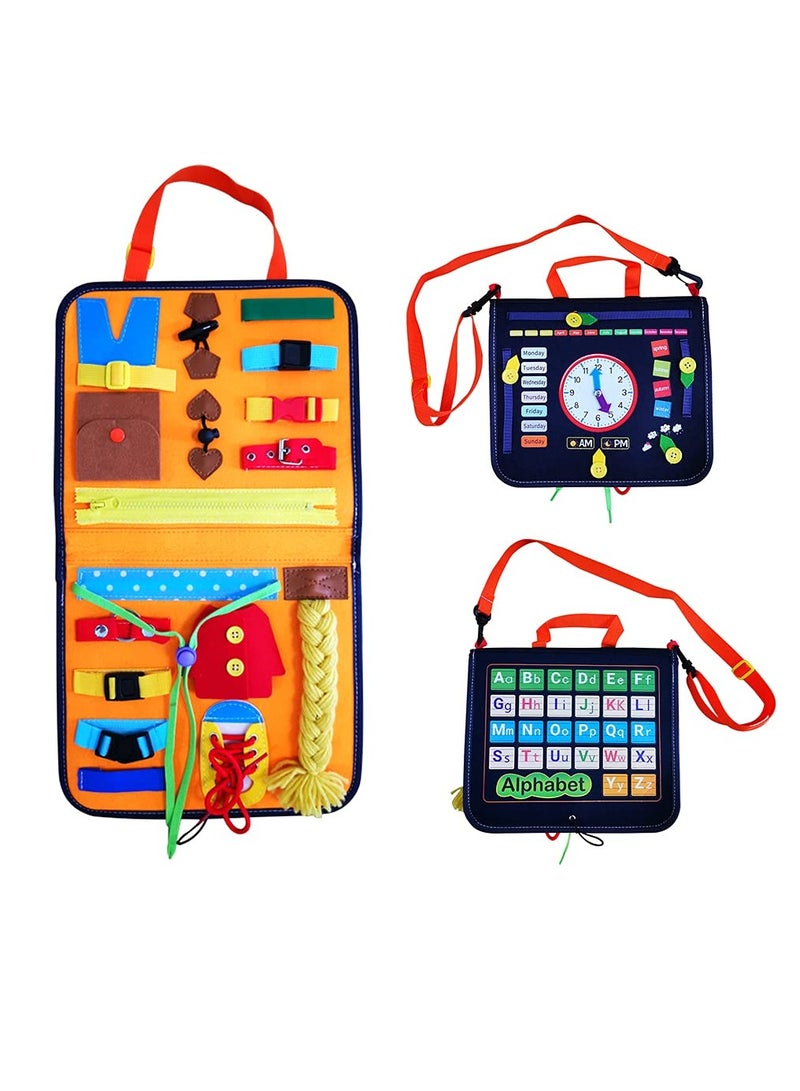 KASTWAVE Montessori Toddler Busy Board, Sensory Travel Toy for Toddlers and Young Children 1-3 Years Old, Busy Book Bag, Learning to Dress Activity Toy with Alphabet for Kids