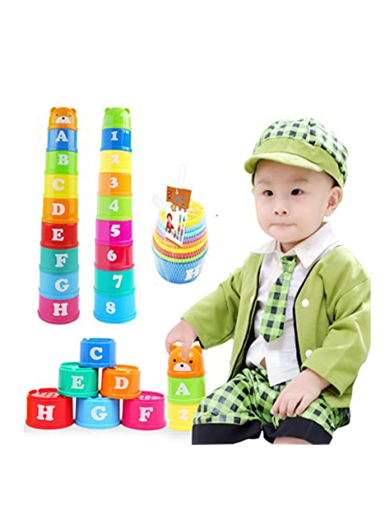 Stacking Cups, 9 pieces with letters and numbers, Sound Folding Cup Toy Stacking Cups Game Toy for Baby Kids Childrens Educational Toy Bath toys