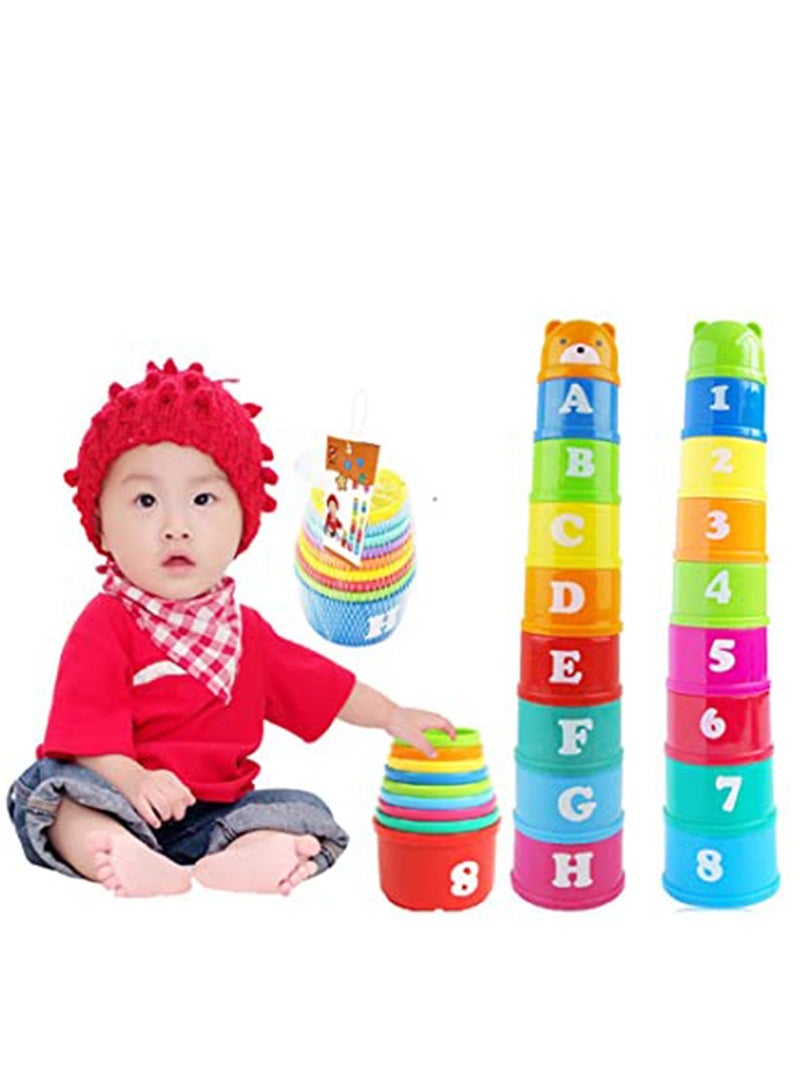 Stacking Cups, 9 pieces with letters and numbers, Sound Folding Cup Toy Stacking Cups Game Toy for Baby Kids Childrens Educational Toy Bath toys