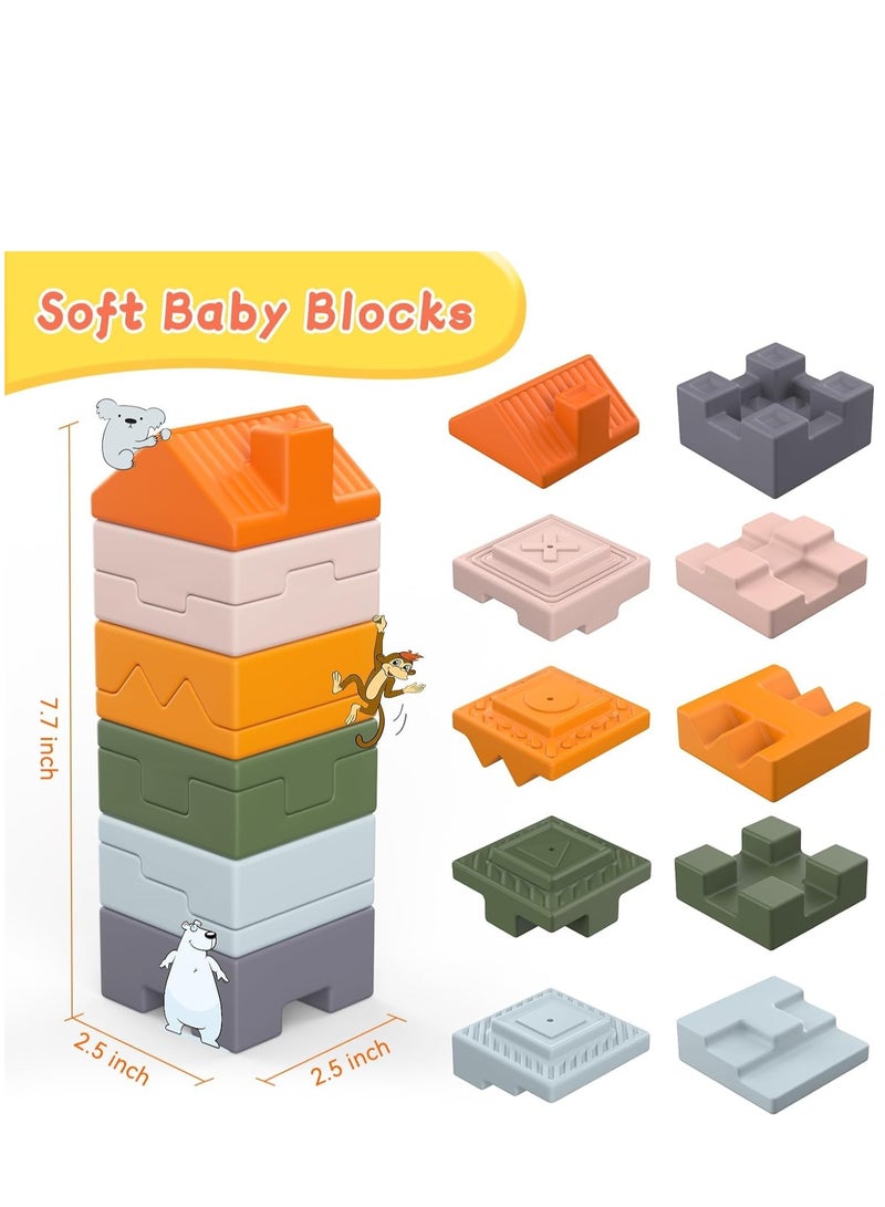 Baby Blocks Soft Building Blocks, 10 PCS Stacking Blocks Montessori Sensory Squeeze Baby Teething Toys for Toddler Kids 6 12 18 Months, Ideal Gift for Baby Boys Girls Birthday