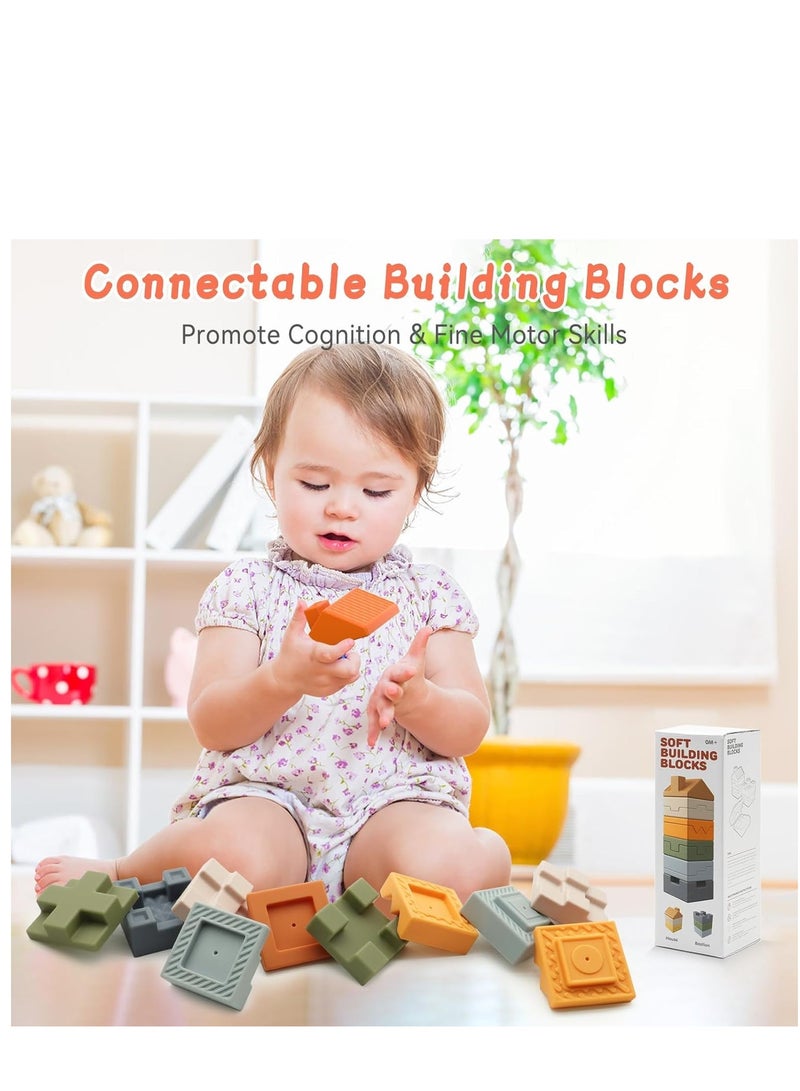 Baby Blocks Soft Building Blocks, 10 PCS Stacking Blocks Montessori Sensory Squeeze Baby Teething Toys for Toddler Kids 6 12 18 Months, Ideal Gift for Baby Boys Girls Birthday