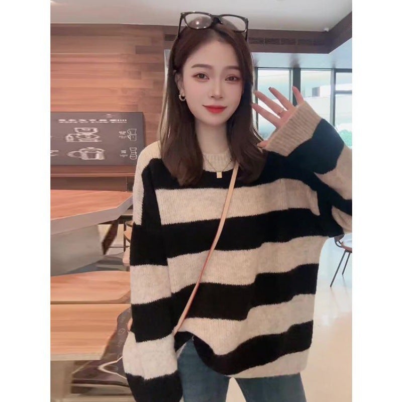 2023 Striped Lazy Knit Sweater Women Autumn Winter Casual Loose PulloverOat apricot Oat apricot