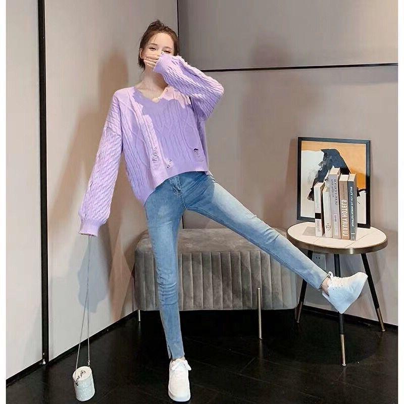 2023 Spring New Korean Sweater Coat Loose High Waist V-neck Sweater Womens Pullover Short Top AutumnLight purple Light purple