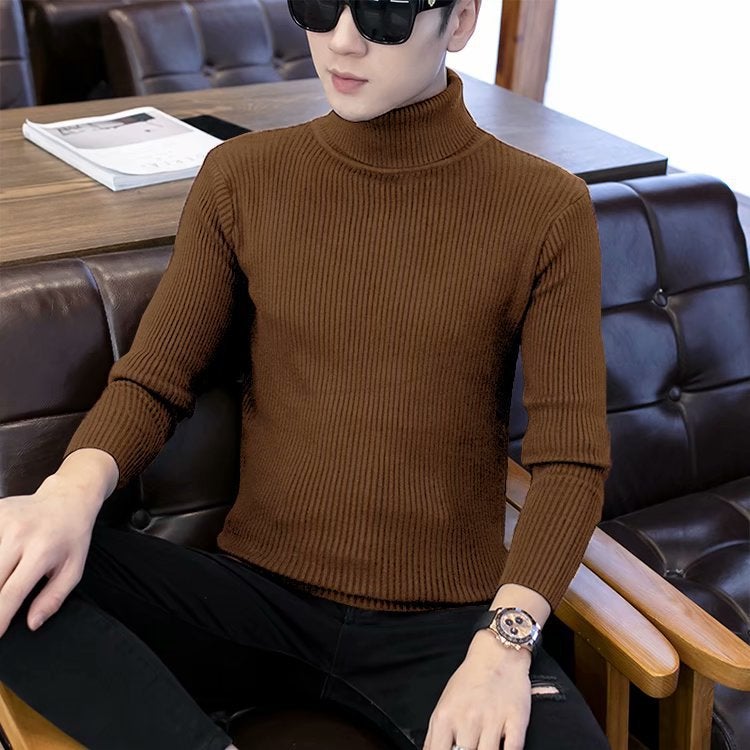 Autumn Winter High Neck Sweater Men Korean Simple Solid Color KnitwearCoffee Coffee