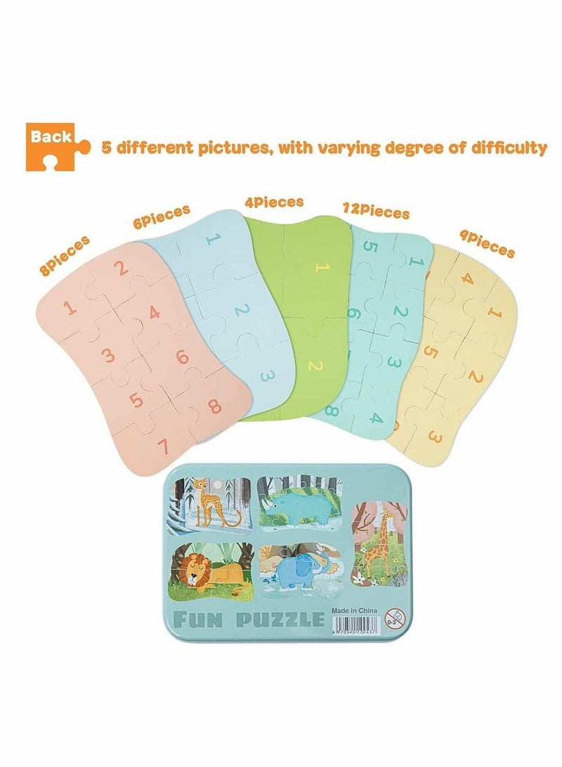 Animal Puzzles, for 3 4 5 6-Year-Olds, 5-in-1 Jigsaw Puzzles with Iron Box for Storage, Puzzle Toys Gifts for Boys, Girls, Kids, and Children(Animal Puzzles)