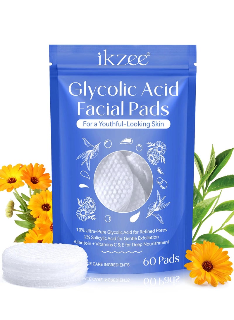 60Pcs Glycolic Acid Facial Pads 10% Glycolic Acid for Refined Pores and 2% Salicylic acid for Exfoliation Reduce Wrinkles Dead Skin Dark Spot Exfoliates Fade Acne Scars Deep Nourishment Cleansing Pads