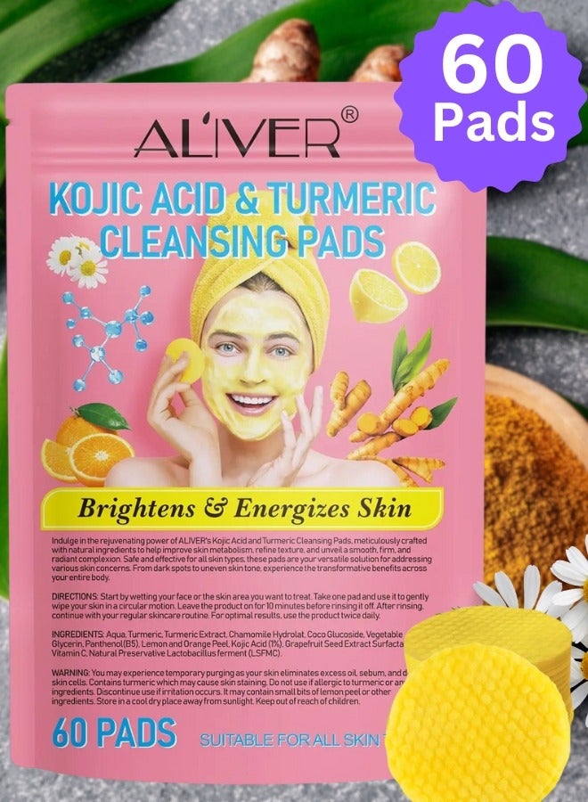 60Pcs Kojic Acid and Turmeric Cleansing Pads for Dark Spots Turmeric Kojic Acid Cleansing Pads Helps Balance Skin Oil and Water Fade Spot Remove Excess Keratin Clean Oil Refines Pores Turmeric Cleansing Pads