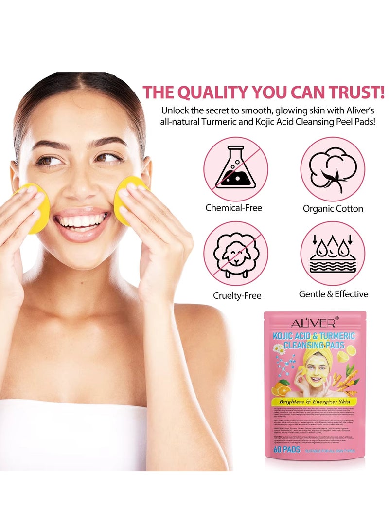 60Pcs Kojic Acid and Turmeric Cleansing Pads for Dark Spots Turmeric Kojic Acid Cleansing Pads Helps Balance Skin Oil and Water Fade Spot Remove Excess Keratin Clean Oil Refines Pores Turmeric Cleansing Pads