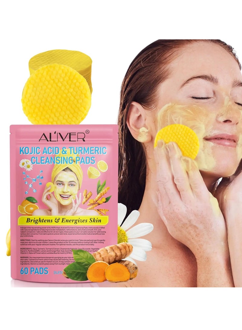 60Pcs Kojic Acid and Turmeric Cleansing Pads for Dark Spots Turmeric Kojic Acid Cleansing Pads Helps Balance Skin Oil and Water Fade Spot Remove Excess Keratin Clean Oil Refines Pores Turmeric Cleansing Pads