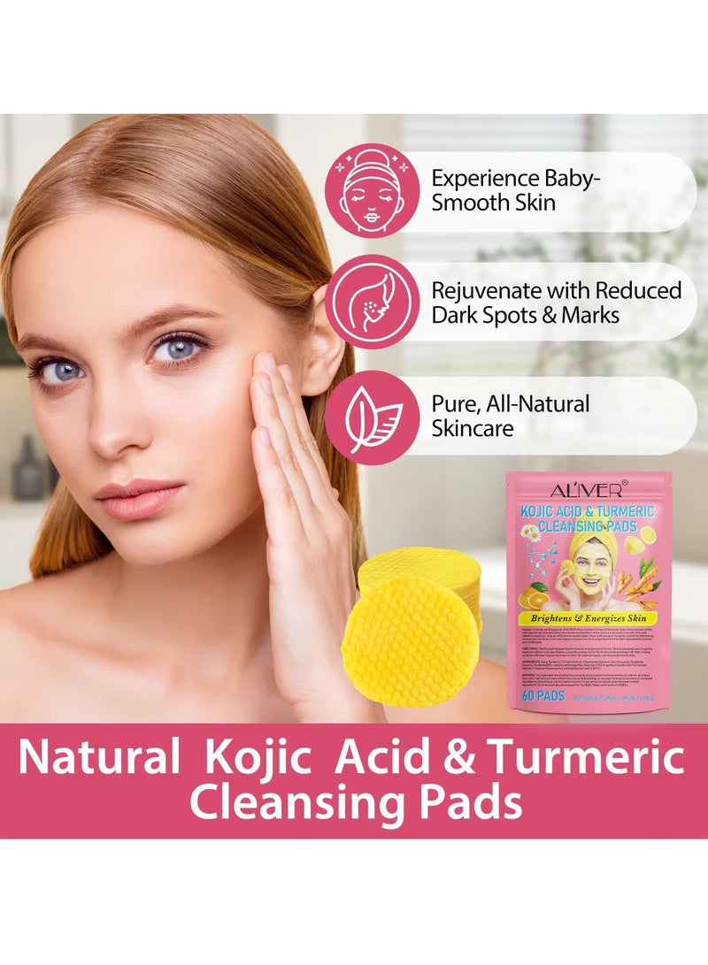 60Pcs Kojic Acid and Turmeric Cleansing Pads for Dark Spots Turmeric Kojic Acid Cleansing Pads Helps Balance Skin Oil and Water Fade Spot Remove Excess Keratin Clean Oil Refines Pores Turmeric Cleansing Pads